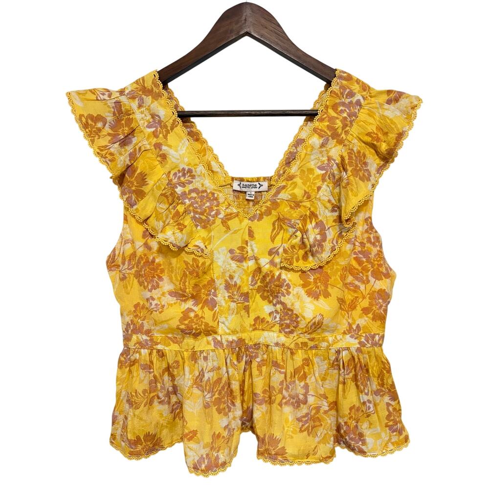 Nanette Lepore NWT Yellow Floral Ruffle Peplum Tank Top Smocked Back L Boho